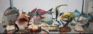 14 carved and painted wood exotic fish figures