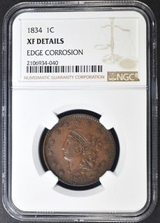 1834 LARGE CENT  NGC XF DETAIL