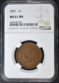 1851 LARGE CENT  NGC MS-61 BN