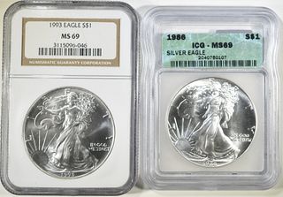 LOT OF 2 GRADED AMERICAN SILVER EAGLES:
