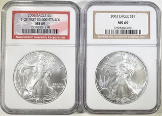 2003 & 2006 AMERICAN SILVER EAGLES  NGC MS-69