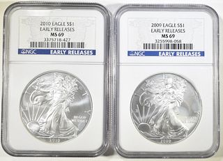 2009 & 2010 AMERICAN SILVER EAGLES  NGC MS-69