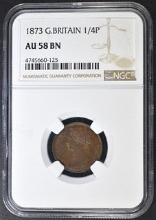 1873 GREAT BRITAIN FARTHING  NGC AU-58 BN