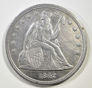 1842 SEATED LIBERTY DOLLAR CH AU