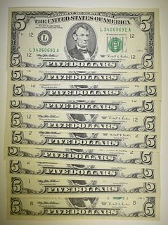 10 SERIES 1995 CRISP UNCIR $5 FR NOTES
