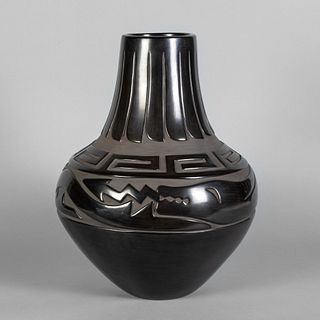 Elizabeth Naranjo, Carved Avanyu Feather Design Blackware Vase, ca. 1980