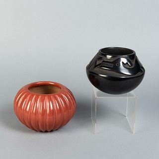 Blue Corn & Angela Baca, Two Ceramic Pots (San Ildefonso + Santa Clara Pueblos)