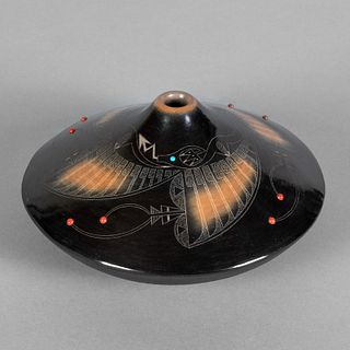 Barbara Gonzales [Tahn-Moo-Whe], Feather Avanyu Design Blackware Vessel