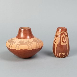 Jody Naranjo, Pair of Carved Redware Vessels, 2002 + 2003