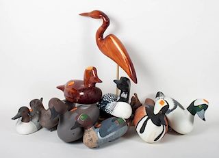 Nine assorted wood duck decoys & figures