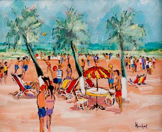 Urbain Huchet "Day on the Beach" Oil on Canvas