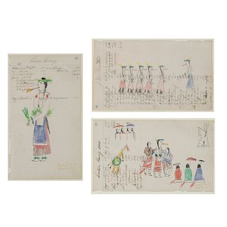 Group of Three Ledger Drawings: Untitled (Smoking Ceremony), 2009, Sun Dancer, 2009 + Untitled (Umbrellas On A Bright Day), 2009
