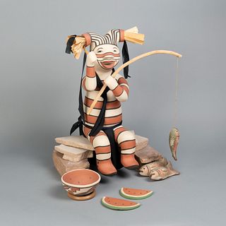 Kathleen Wall, Large Koshare Fishing with Watermelon on Stone Stand