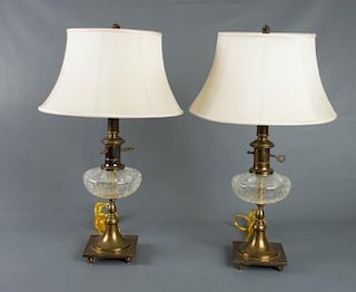 Antique Brass & Crackled Glass Lamps, Pair