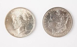 Two United States silver dollars