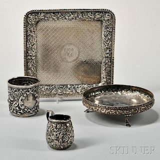 Four Pieces of Repousse-decorated Silver Tableware