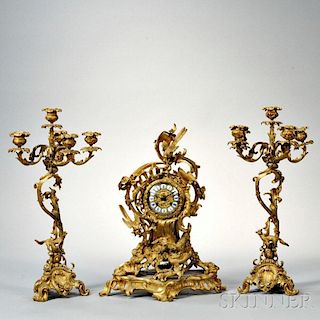 French Louis XV-style Gilt-bronze Clock Garniture