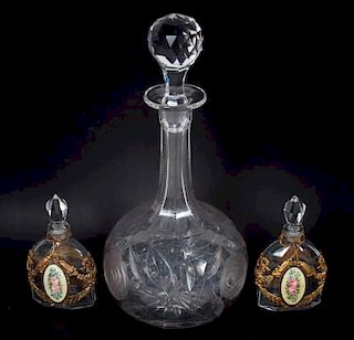 Pair Continental glass scent bottles & a decanter
