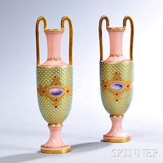 Pair of Jeweled Coalport Porcelain Amphora Vases