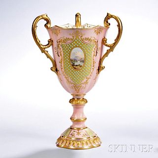 Jeweled Coalport Porcelain Three-handled Loving Cup