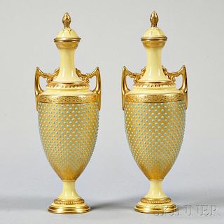 Pair of Jeweled Coalport Porcelain Vases and Covers