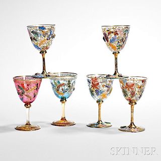 Six Moser Enameled Glass Wineglasses