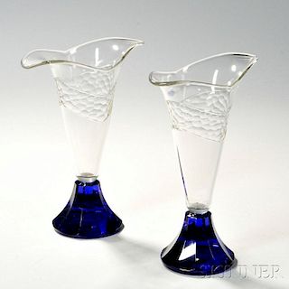 Two Moser Art Deco-style Cobalt and Colorless Glass Vases