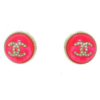 CHANEL A22 Pink Gold Hardware Rhinestones Plastic Womens Earrings