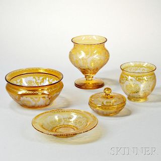 Five Pieces of Amber Etched Bohemian Tableware
