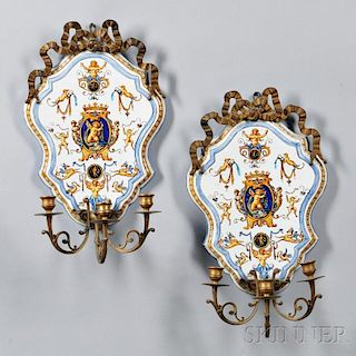 Pair of Gien Gilt-bronze and Porcelain Three-light Sconces