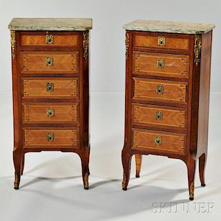 Pair of Louis XVI-style Fruitwood Marble-top Commodes