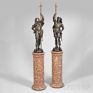 Pair of White Metal Figures of Cavalry Officers on Columns