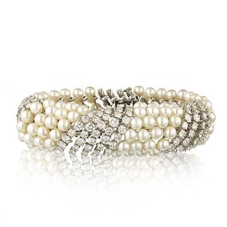David Webb Platinum & 18K White Gold White Pearl & Diamond Bracelet 