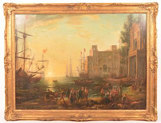 Painting of a Mediterranean Harbor Scene.