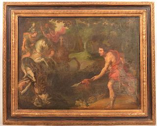 Baroque Style Oil on Canvas Boar Hunt Painting.
