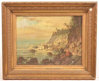 C.P. Weber Cliff Scene with Lighthouse Painting.