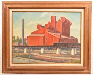 J. Cashore Painting of an Industrial Building.