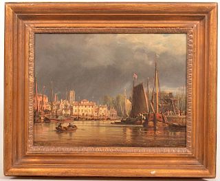 European Harbor Scene Oil on Canvas Painting.