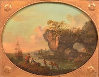 18th Cent. Oil on Board Painting, Fishing Scene.
