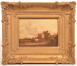 19th C. After the Harvest Oil on Board Painting.
