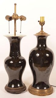2 Oriental Black Celadon Porcelain Vase Lamps.