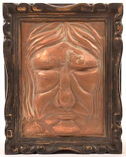Embossed Copper Plaque Mask of a Man's Face.