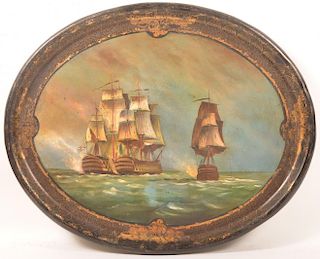Tray with Hand Painted Ships at Battle Scene.