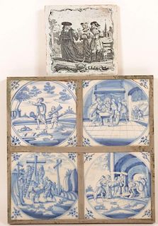 4 Delft Blue & White Tiles w/ Religious Designs.