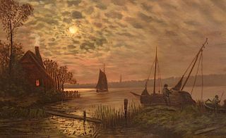 J.B. Sword Oil on Canvas Lake Scene Painting.