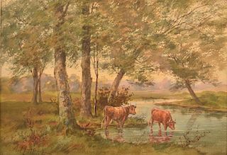 A. Matthews Cattle in Stream Watercolor.