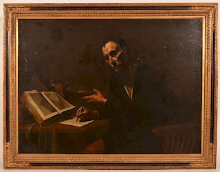 Large Oil Painting of a Man Writing at a Desk.