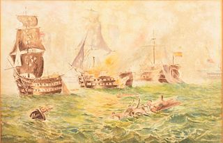 Watercolor Painting Depicting Ships at Battle.