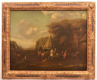 18th Cent. Oil Painting Depicting a Village Scene.