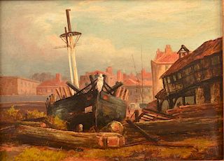 Painting of a Boat and Cityscape signed Hodges.